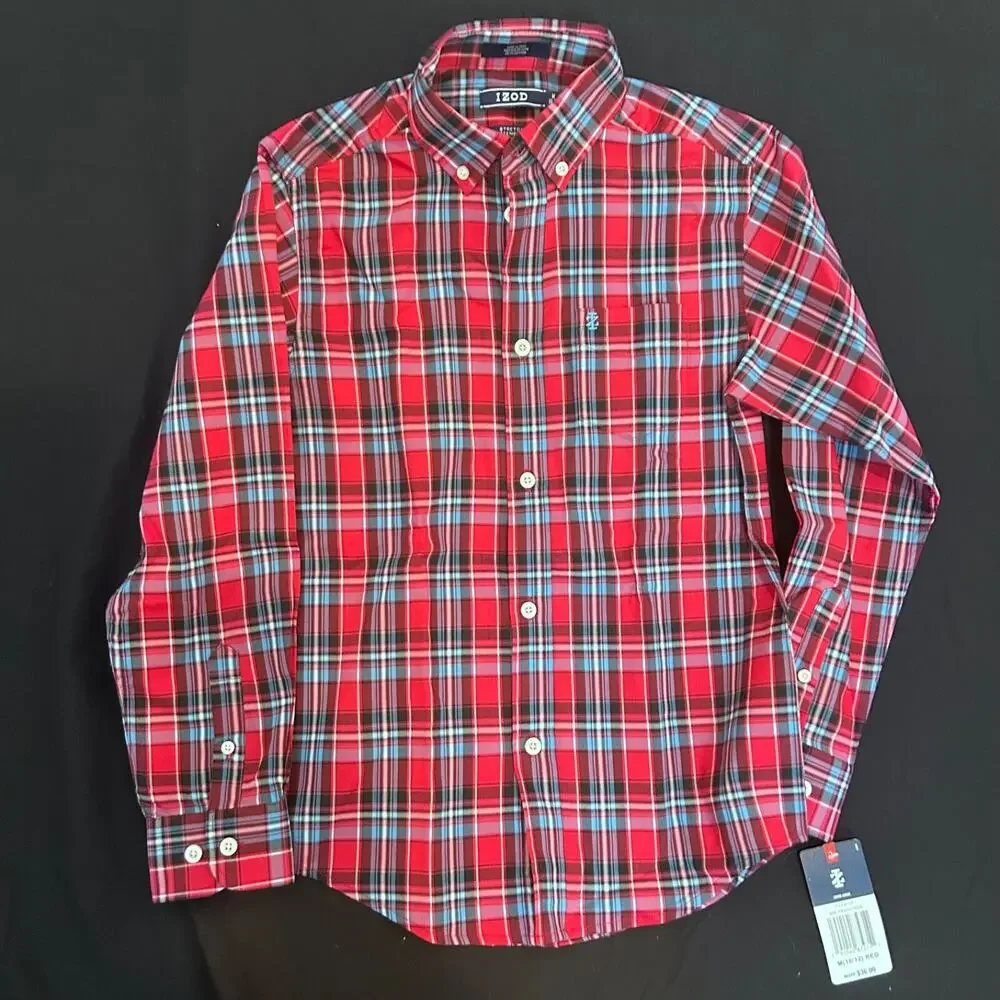 IZOD Boys Button Down Long Sleeve Shirt Red Plaid Size M Stretch Fabric NWT